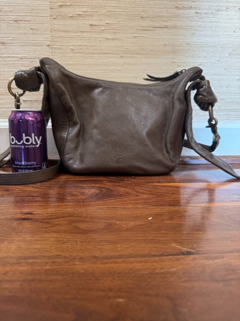 Frye: Brown Pebbled Leather Crossbody Hobo Bag Adjustable Strap